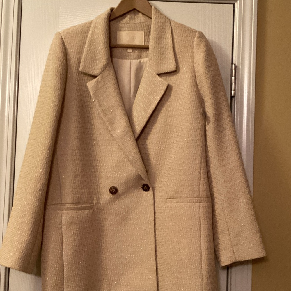 Marie Oliver Cream Metallic Double Breasted Textured Blazer. Size M